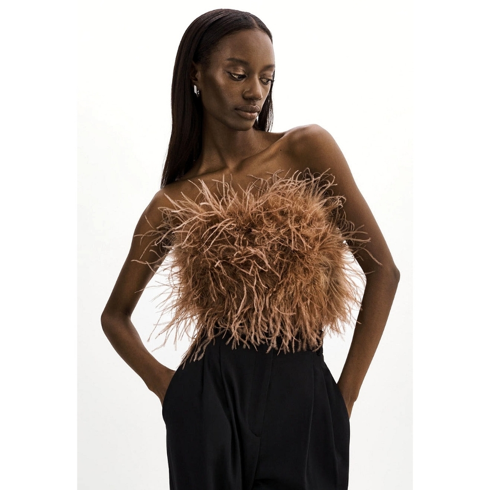 Lamarque Zaina Ostrich Feather Crop Bustier Top